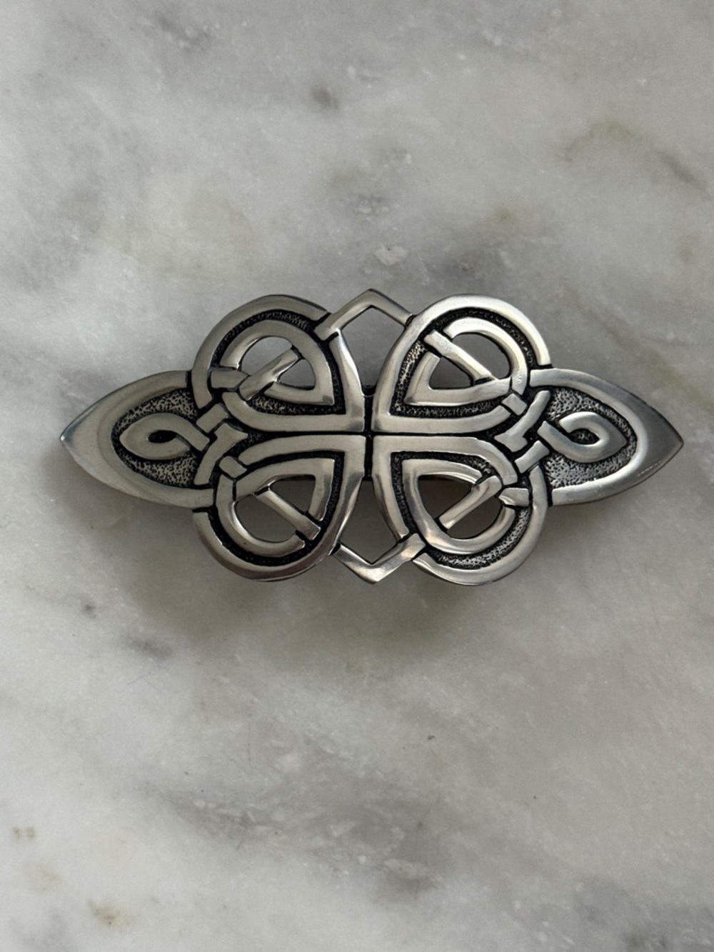 St Justin Cornish Pewter Celtic Knot Bow Hair Slide Barrette Velvet Pouch Gift